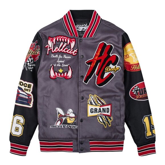 Dodge Hellcat Varsity Jacket Men’s Grey Polyester Microsuede Patch Letterman - Picture 1 of 13